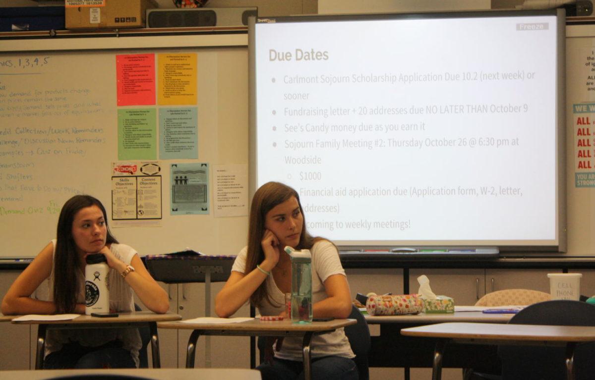 Twelfth-graders Jade Sebti and Sarah Tocatlian listen while other Sojourn members introduce themselves.