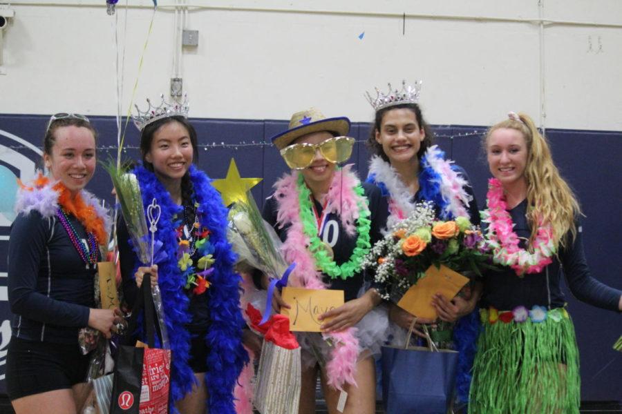 (from left to right) Seniors  Tai Mei Chang, Heather Chao, Maya McMillen, Sophie Srivastava, and Emma Vanoncini wear silly clothes for senior night.