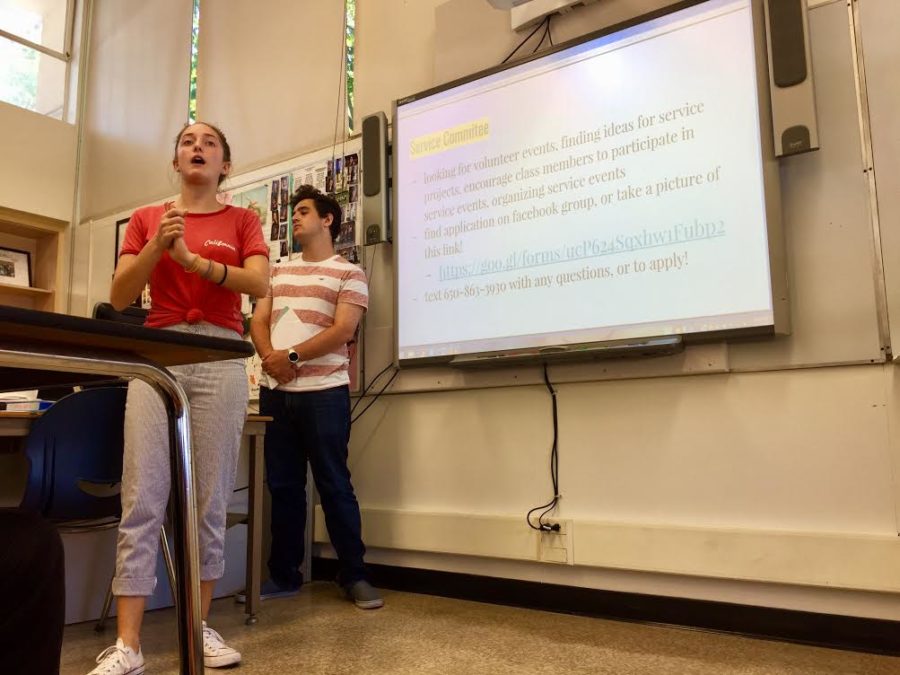 Carlmont Key Club Vice President Isabella Mattioli and Editor Onik Russinov present current club service opportunities at one of their Thursday meetings in room D12.