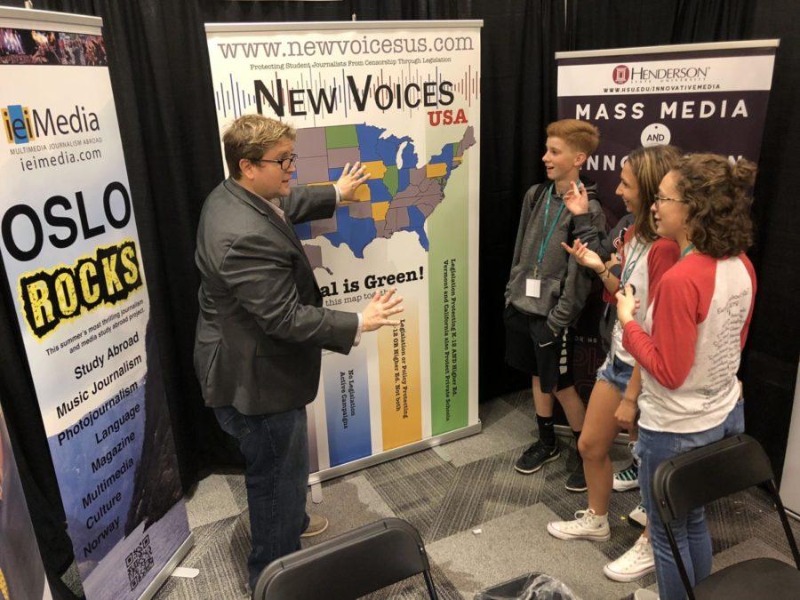 Professor Steven Listopad of Henderson University talks to a group of students at the Dallas convention about the New Voices campaign that was started by his students at the University of Jamestown North in North Dakota.