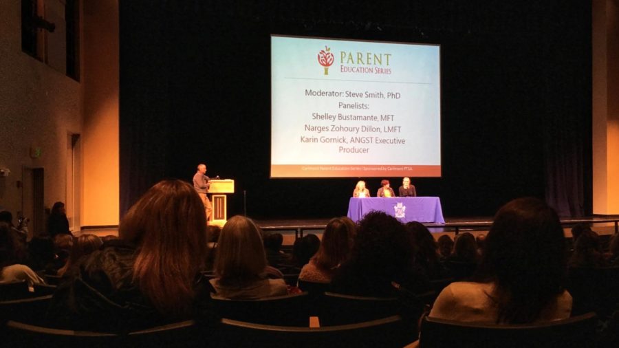 During Parent Education Night, a panel answers questions about anxiety. Executive producer of Angst and panelist Karin Gornick said, Anxiety is a mental health issue that we all deal with at one point or another.