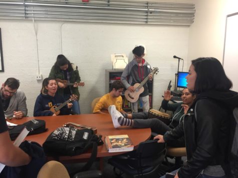 Members of the Ukulele Club perform an impromptu rendition of Riptide at their lunch meeting. 