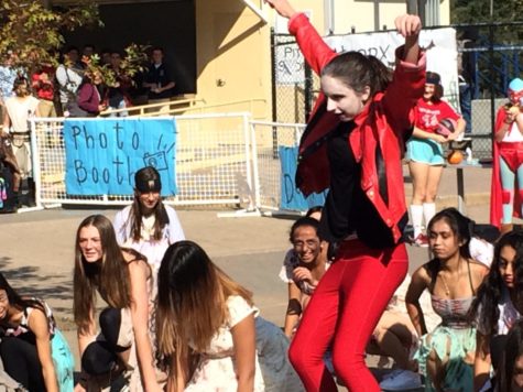 PE Dance students dance Thriller in the quad on Halloween, featuring one student who wore a Michael Jackson outfit.