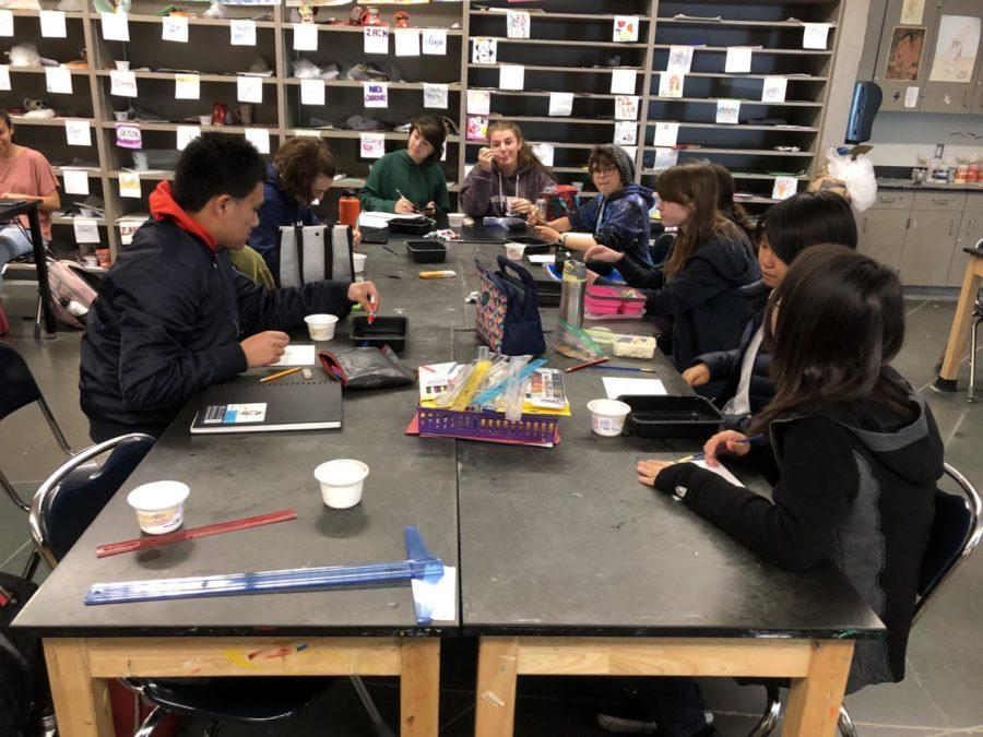 Art Club members work on their art pieces. My favorite part of the club is seeing everyone create art that they are proud of, said Katie Hill, a senior and vice president. 