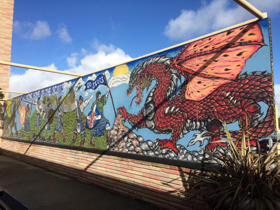 A mural of Scots fighting a dragon is located in the corridor by the Student Union. Angelo Zhao, a former Carlmont student, painted this mural in 2015. 