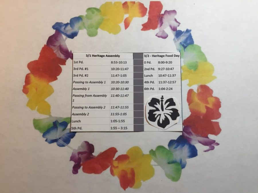 The Heritage Fair bell schedule is surrounded by Hawaiian flowers shaped as a necklace. A Polynesian flower is inside the schedule to symbolize the combination of the two cultures into a singular club. 