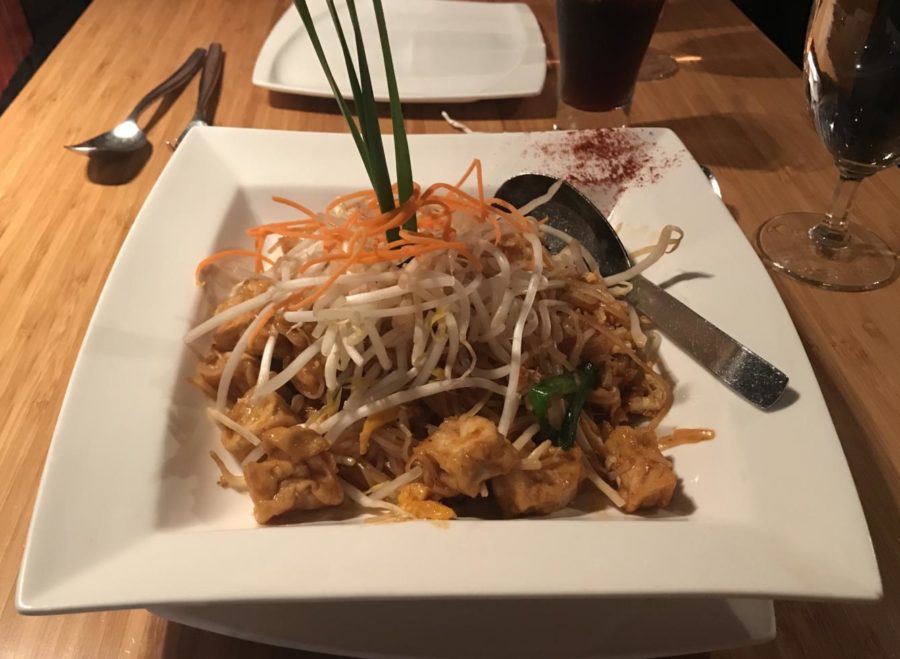 The large plate of pad thai had interesting decorations and great flavor.