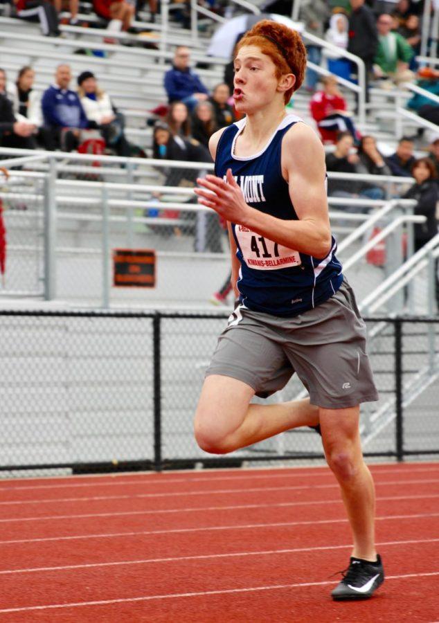 Patrik Geleziunas sprints to the finish line at the K-Bell Track and Field Classic at Los Altos High School.