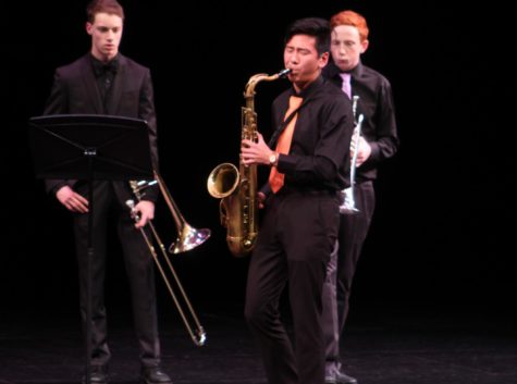 Student Chris Cho plays the tenor sax. The night ended with a performance of jazz song Bud Powell by Chick Corea.