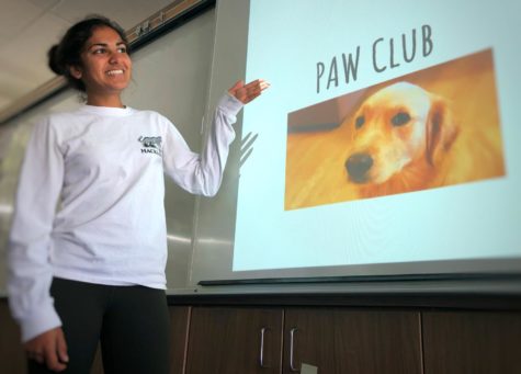 PAW Club President Soni Kanaya informs her club members about upcoming events during their regular Wednesday lunch meeting held in room S23.