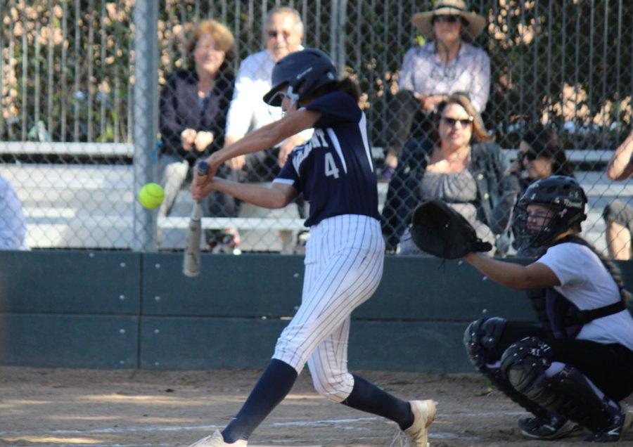 Sophomore Amanda Kondo tries to hit the ball thrown by a Sequoia pitcher.