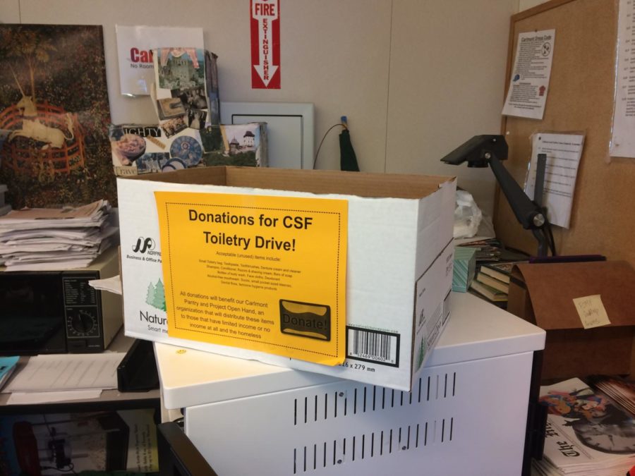 A box for the CSF Clubs toiletry drive waits to be filled.