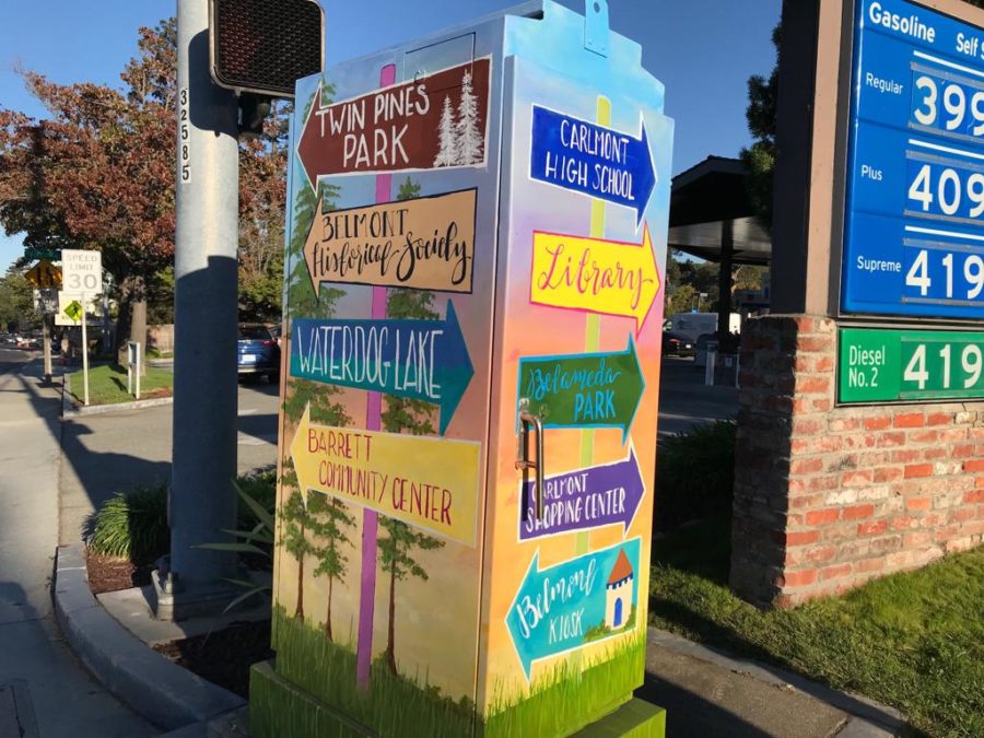 This utility box, located near Ralston Avenue, was painted by Chelsea Stewart, a volunteer artist. She spent many weeks working on it and was eventually reimbursed $250 for the supplies she used.