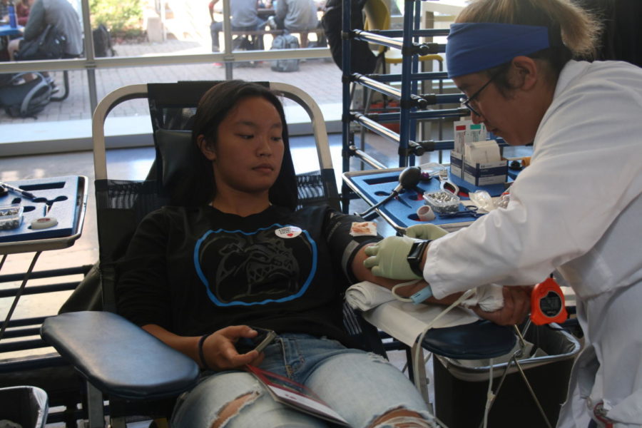 Madison Palarca-Wong, a senior, calmly watches a blood technician draw her blood.