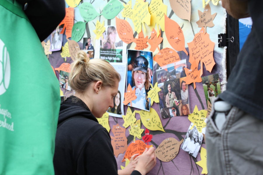 People add leaves to the remembrance tree to recognize the lives lost to suicide. 