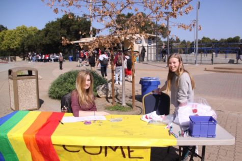 Cameron Garcia Brown, a senior, and Sophia Krackov, a junior, encourage other students to sign the Ally Pledge in the quad.