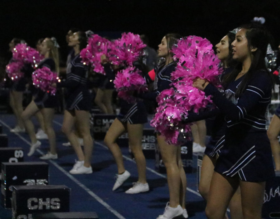 Carlmonts+cheer+team+raises+their+pink+pom-poms+during+varsity+footballs+home+game+against+Capuchino+in+support+of+breast+cancer+survivors.