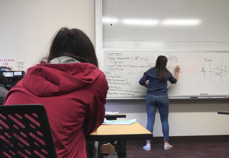 A Stanford Splash student watches Yamur Erhan draw a diagram on the whiteboard.