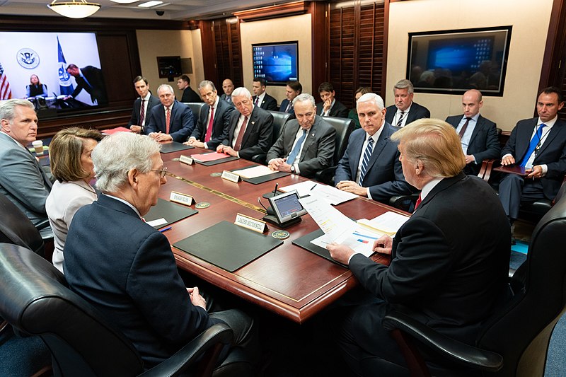 President Donald J. Trump, joined by Vice President Mike Pence, meets with Republican and Democratic legislative leadership members Wednesday, Jan. 2, 2019, in the Situation Room of the White House. (Official White House Photo by Shealah Craighead).