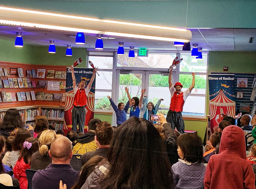After performing a juggling act with three volunteers, Mr. Quick and Mr. Mustache bow to the audience. The sound of laughter fills the otherwise quiet San Carlos Library on the rainy day of Jan. 20.