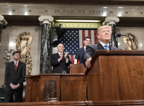 President Donald Trump stands proudly after delivering the State of the Union address in 2018.