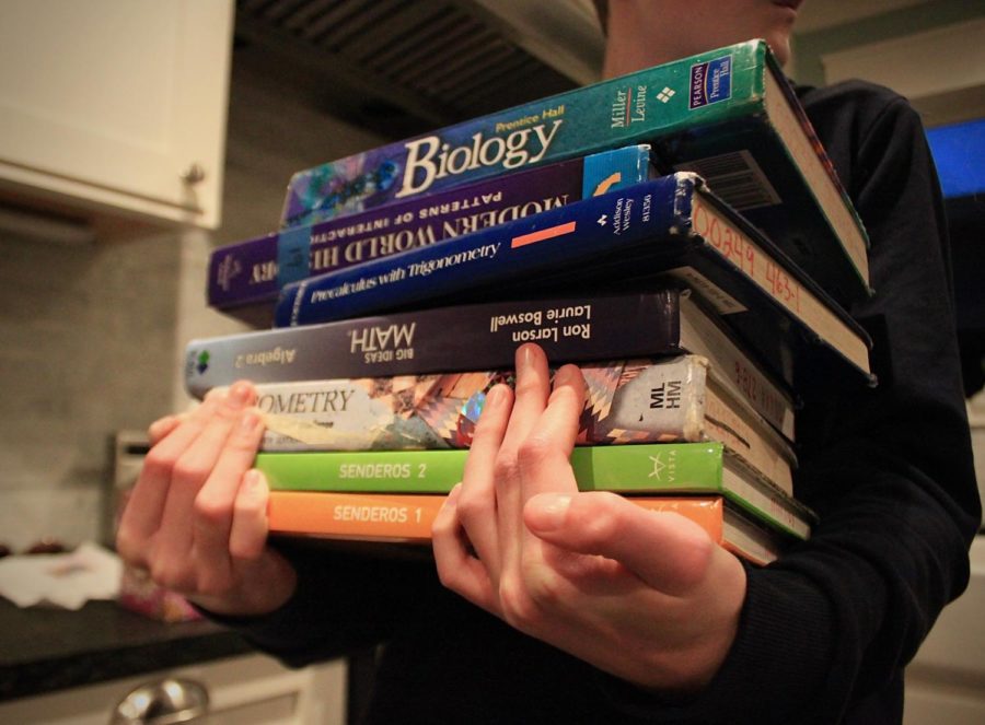 A student carries a variety of textbooks from classes that are offered at Carlmont.
