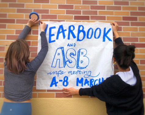 Juniors Isabella Mattioli and Emily Nguyen hang up posters advertising for the annual ASB interviews.