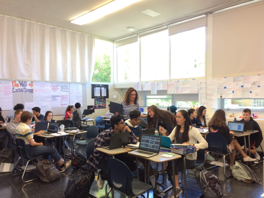 Cindy Shusterman supervises her AP Seminar class currently engaged in group work.