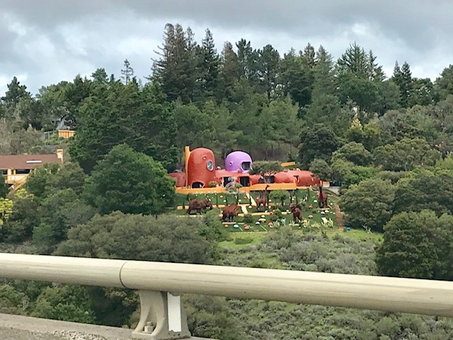 The backyard of the Flintstone House and the added dinosaur constructions. The owner has recently been sued by the city of Hillsborough for these constructions.