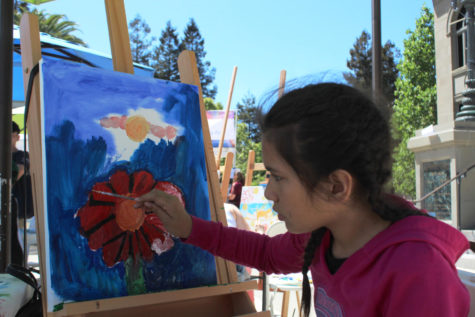 A girl paints a flower on her canvas. 