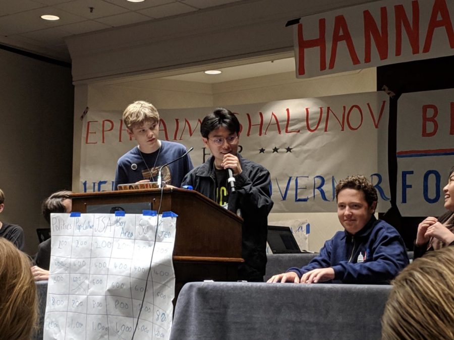 Students play Jeopardy at the regional caucus during JSAs NorCal Spring State Convention.