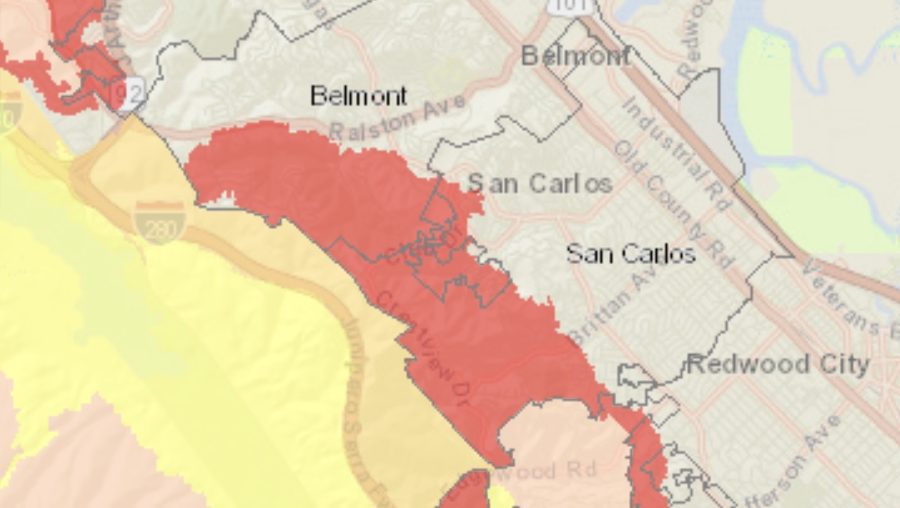 The majority of San Mateo County is in a red zone, meaning it is at a high risk for wildfires.