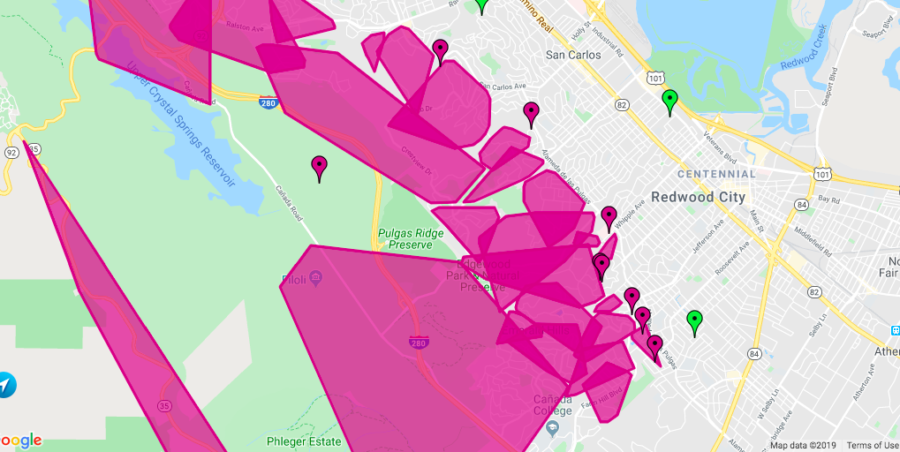 PG&Es power outage currently affects all areas surrounding Carlmont. The pink areas of the map indicate regions whose power has been turned off.