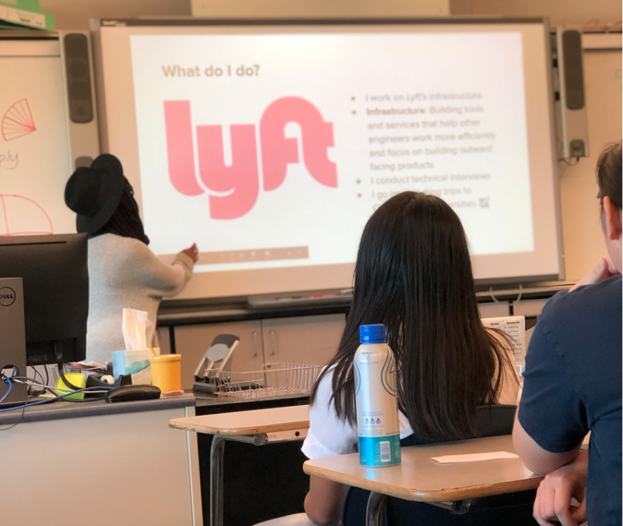 Students listen to Alex Karim, a software engineer, share a presentation about Lyft.