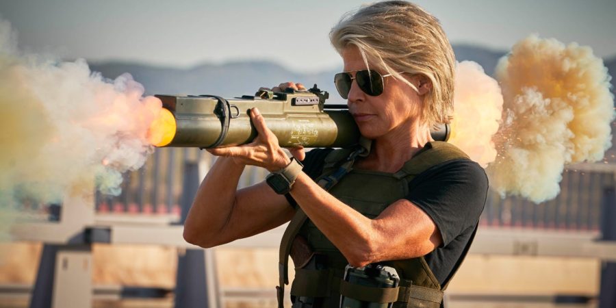 Sarah Conner (played by Linda Hamilton) fires a rocket launcher towards a Rev-9 Terminator.