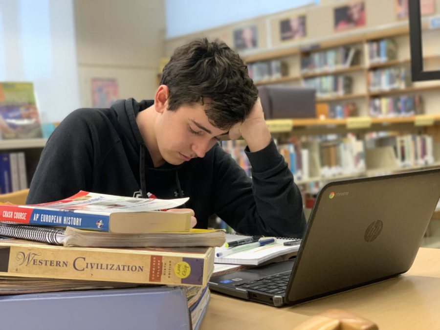 Cole Gunning, a sophomore, studies for his upcoming finals, practicing study methods such as reviewing notes and re-reading material.
