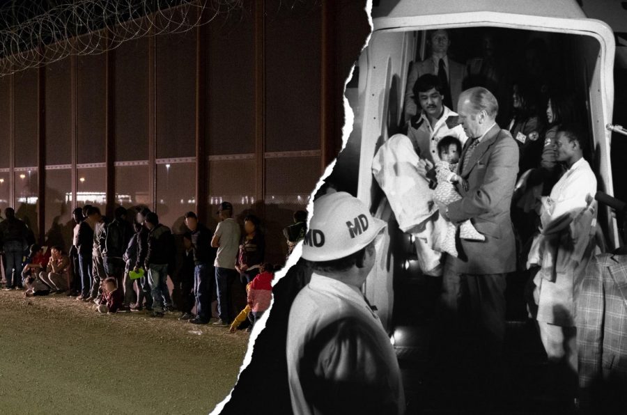 Left: U.S. border patrol stops a large group of immigrants who were allegedly crossing the border illegally. Right: President Ford carries a South Vietnamese orphan during Operation Babylift in 1975. 