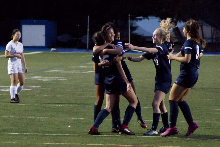 Carlmont+celebrates+a+goal+scored+by+Katie+Blondino.