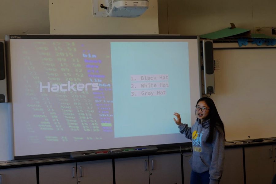 Club Vice President Morgan Yee gives a presentation on the different types of hackers in coding.