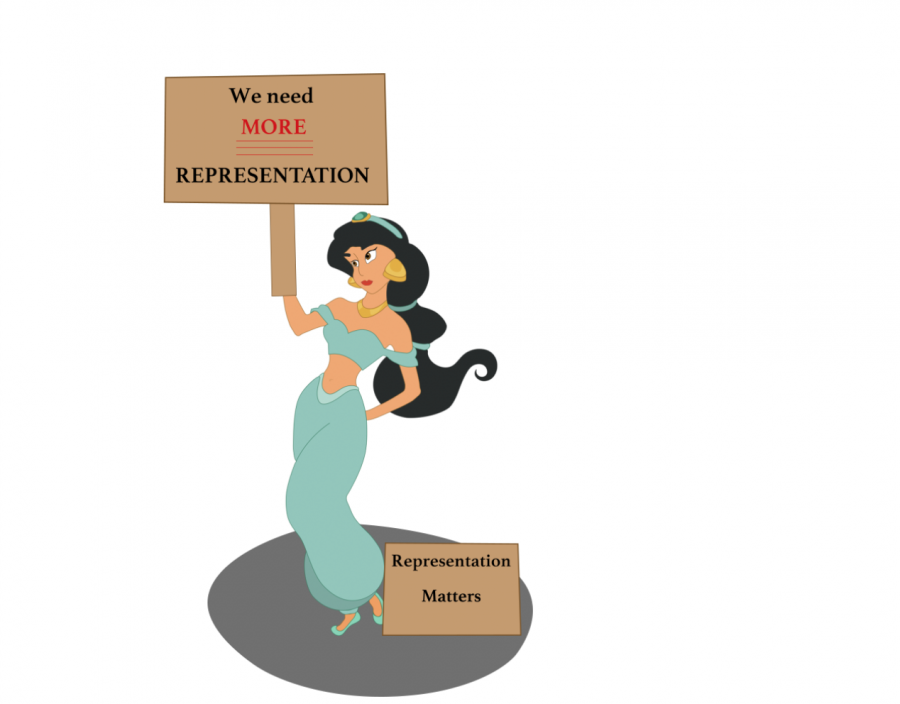 Princess Jasmine from the movie Aladdin holds signs stating representation matters. For many Middle Eastern kids, Jasmine is one of the only forms of Middle Eastern representation they have in popular entertainment.
