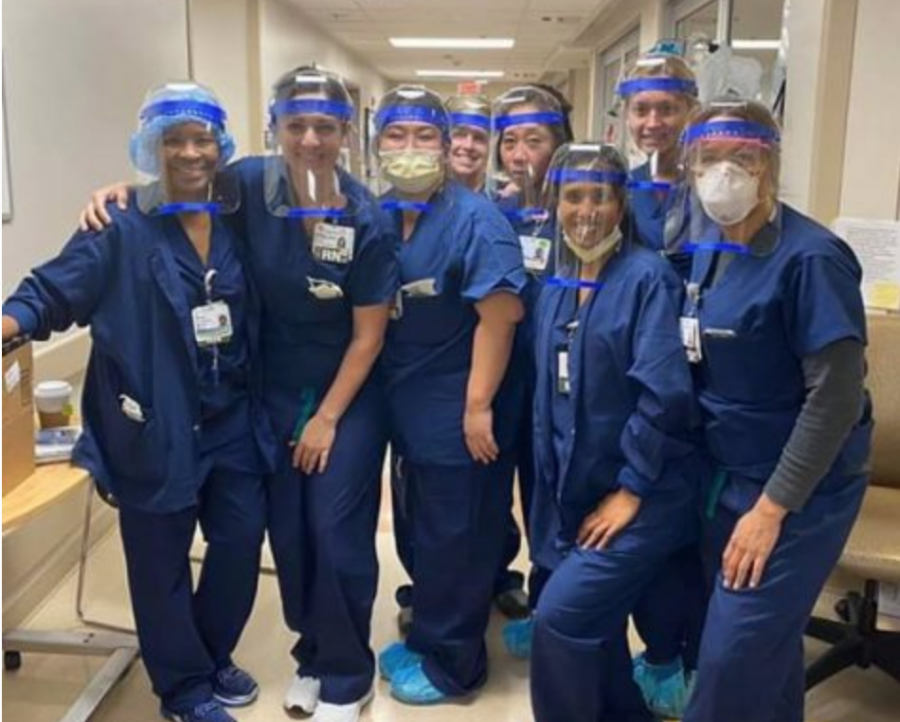 Nurses at the Sutter Health Hospital, in San Jose, wear face shields made by Dr. Ahn-Quan Thinh Nguyen. 