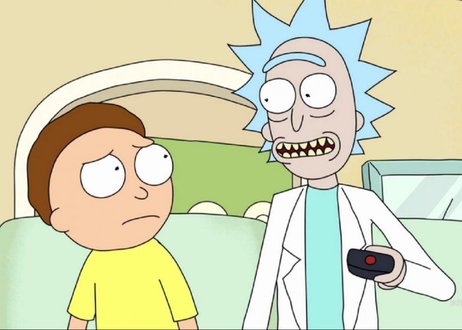 Rick and Morty watch television. 