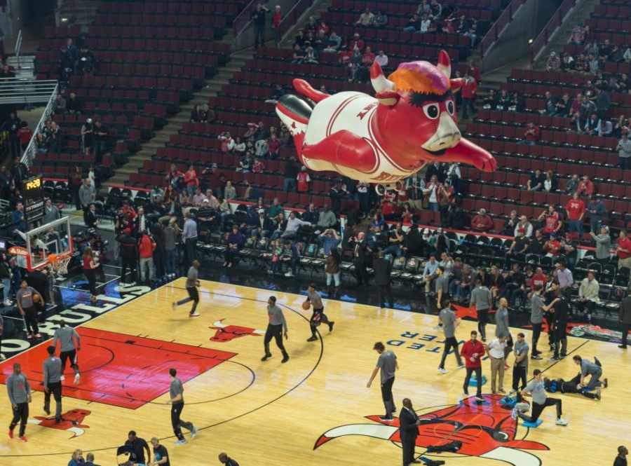 A float of the Chicago Bulls’ mascot, Benny the Bull, takes flight in the United Center in 2016. The final week of ESPN’s doc-series, “The Last Dance,” saw the Bulls, led by Michael Jordan and company, win their final championship.