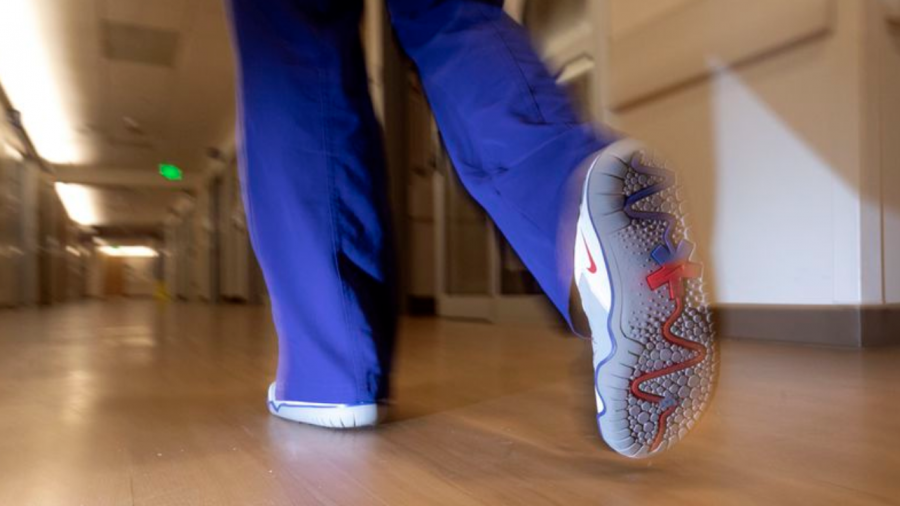An Oregon Health and Science University (OHSU) nurse wears a version of the Air Zoom Pulse created by OHSU patient Sawyer Miller.