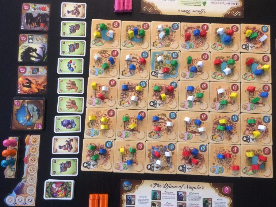 Five Tribes is setup and ready to play.  The colorful game components make the game pop and stand out.