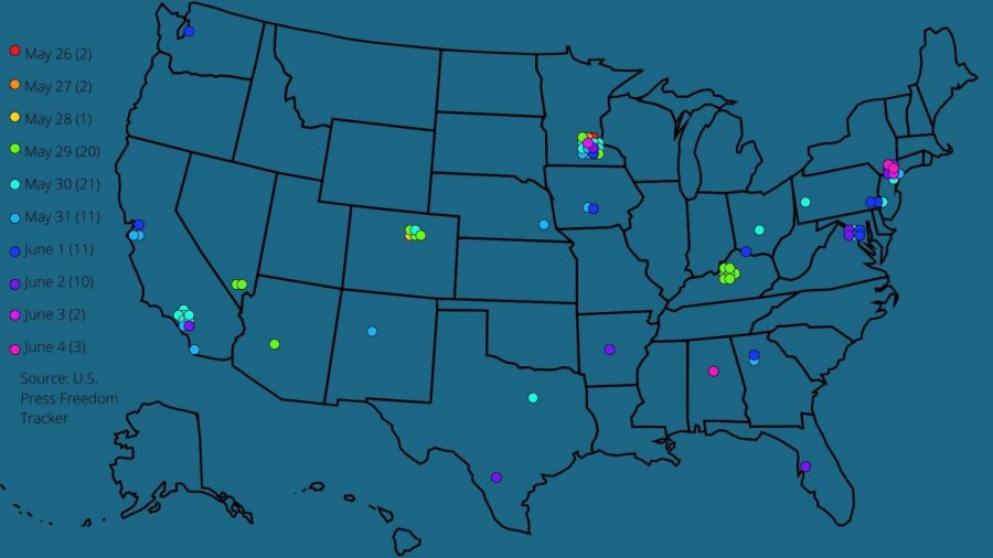 Across the country, covering protests is a dangerous task for journalists. Each dot on this map represents a journalist who was arrested or attacked at a protest between May 26 and June 4.