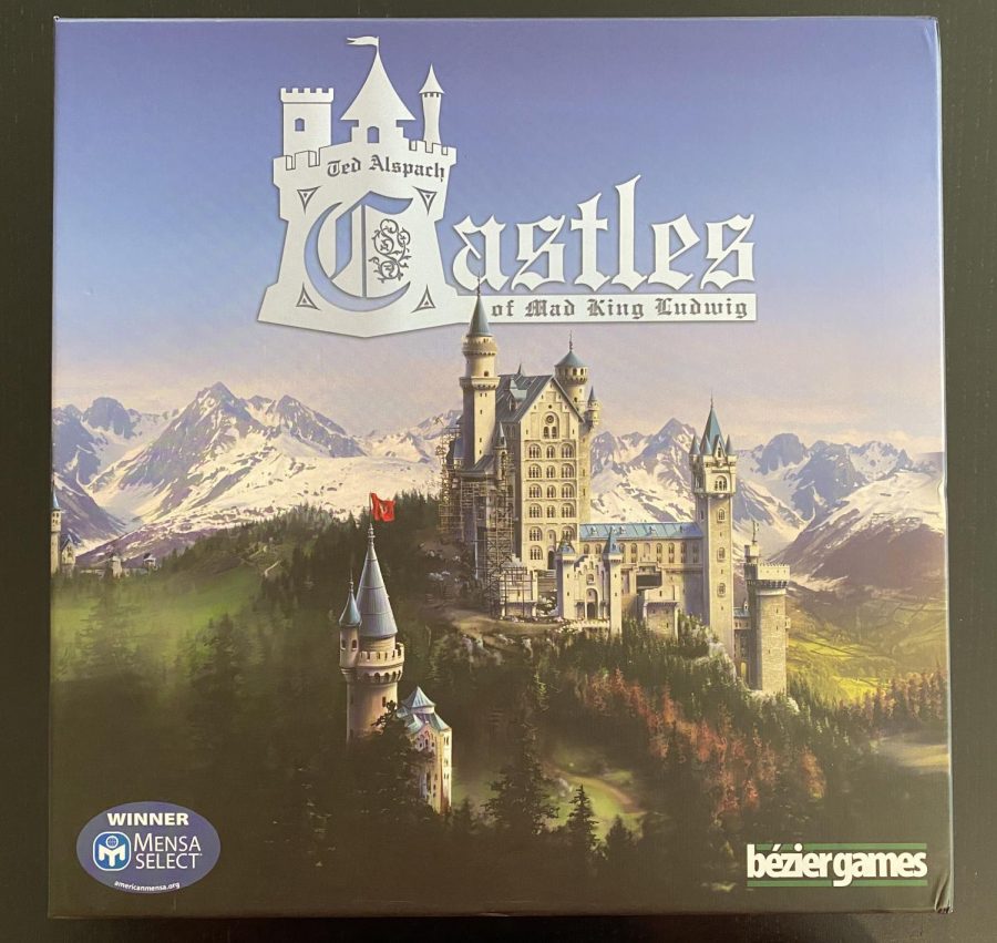 The box cover for Castles of Mad King Ludwig illustrates the quality of artwork within the game.