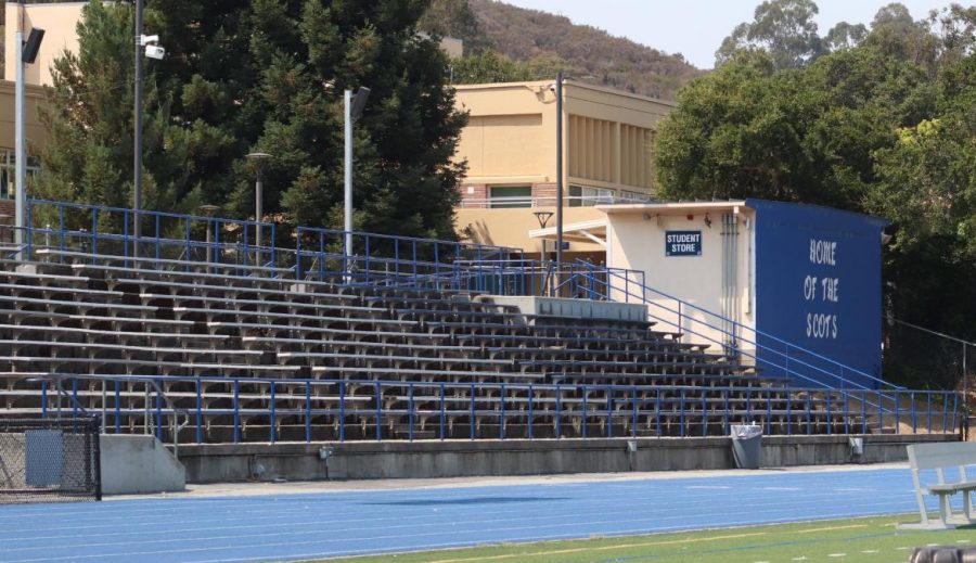 The home bleachers at Carlmont sit empty as Central Coast Section sports have not yet begun. It is still uncertain whether or not fans will be able to attend games.