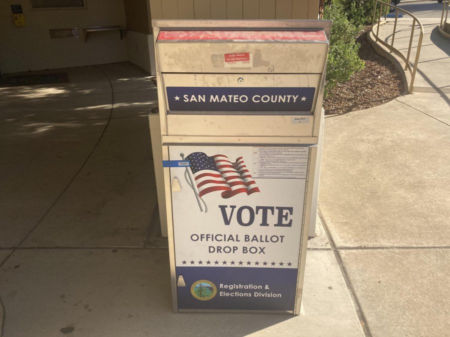 The San Mateo County ballot box sits in front of the city hall.