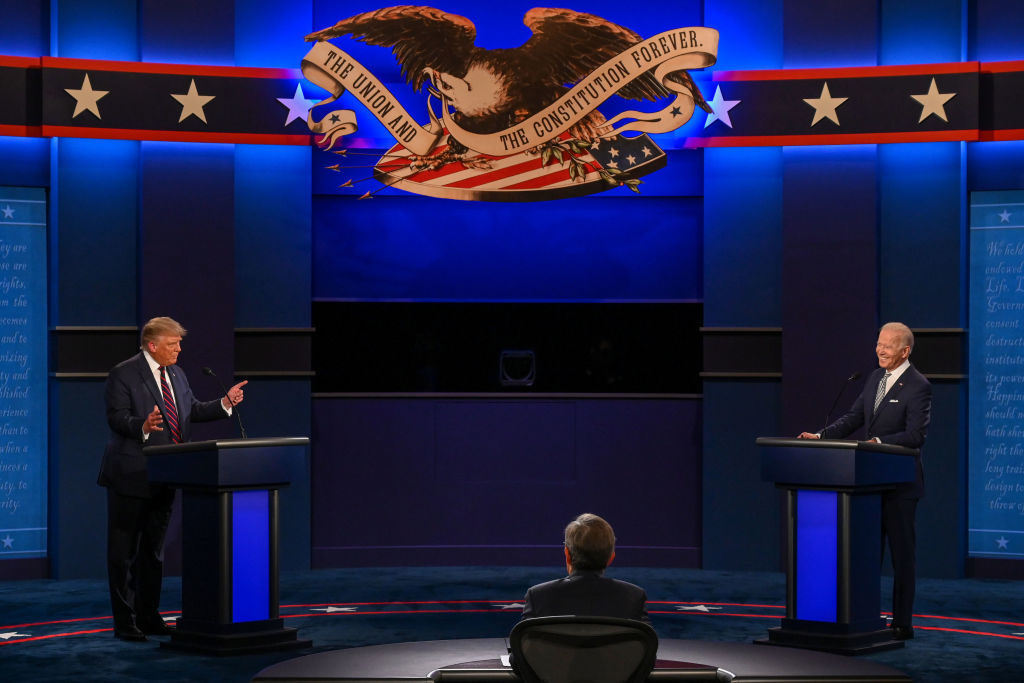 US President Donald Trump (L) and Democratic Presidential candidate and former US Vice President Joe Biden start exchanging during the first presidential debate at Case Western Reserve University and Cleveland Clinic in Cleveland, Ohio, on September 29, 2020.